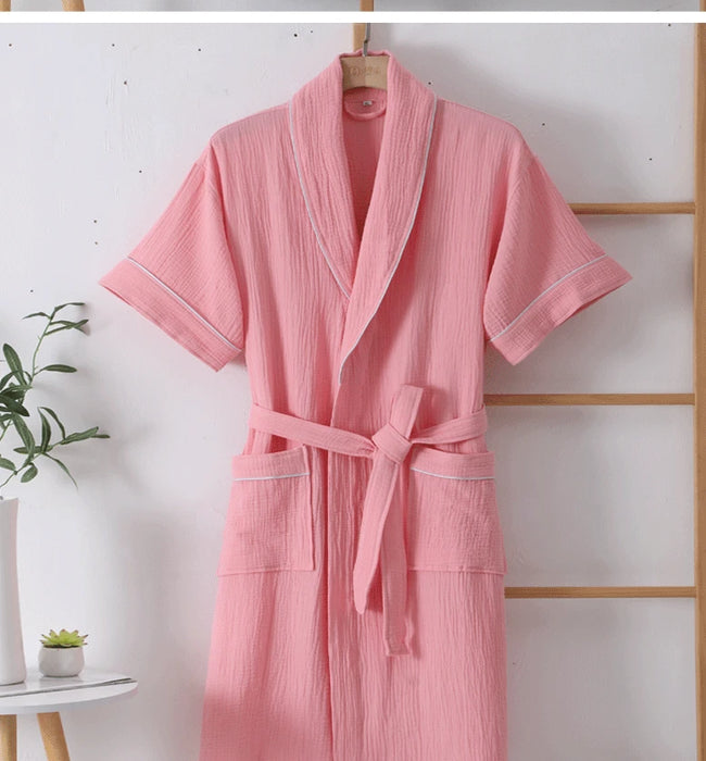 100% Cotton Double Layer Gauze Robes Women&Men Summer Thin Short Sleeves Bathrobe Nightgown Home Service Solid Hotel Bathrobe