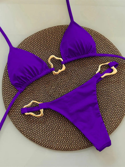 S - XL New 7 Colors Halter Metal Ring Bikini Female Swimsuit Women Swimwear Two-pieces Bikini set Bather Bathing Suit Swim V6406