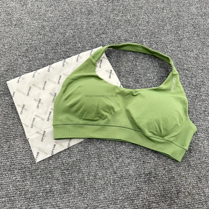 Impact Sports Bra Women Seamless Halter Neck Strap Bra with Logo Padded Open Back Yoga Top Bra Medium Support Gym Crop Top