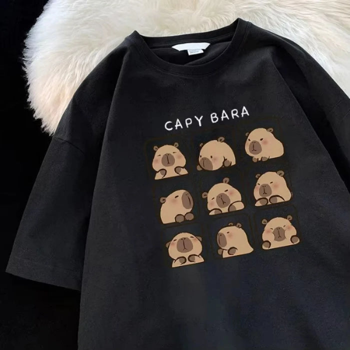 Capybara Print 100% Cotton T-shirts Women Manga Graphic Y2K Tee Harajuku Top Female Japanese Manga Designer Clothing