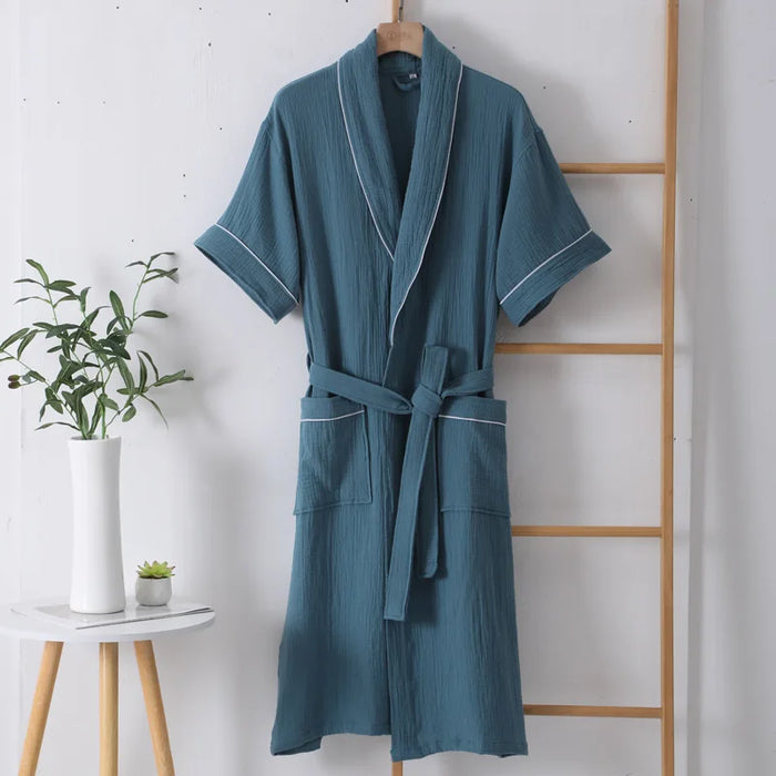 100% Cotton Double Layer Gauze Robes Women&Men Summer Thin Short Sleeves Bathrobe Nightgown Home Service Solid Hotel Bathrobe