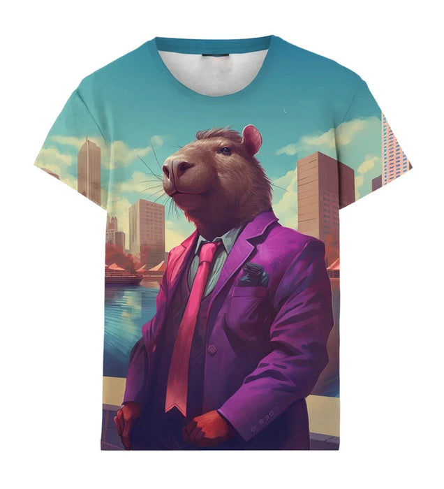 Fashion Fun Capybara Print T-shirt For Men's Clothing Soft Short Sleeve T Shirts Street Harajuku Trend Hip Hop Music Tee Top