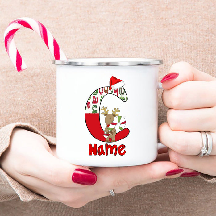 Personlized Reindeer Initial with Name Enamel Cups Christmas Hot Chocolate Mug