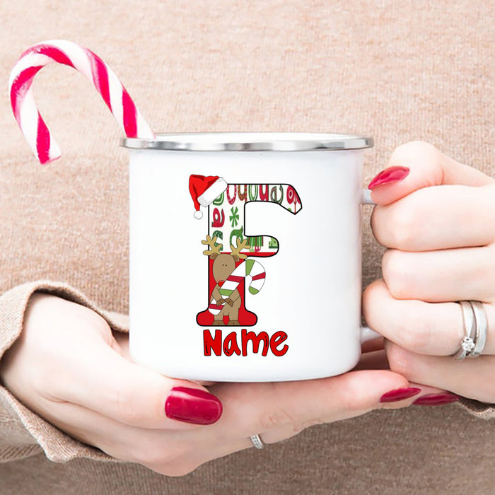 Personlized Reindeer Initial with Name Enamel Cups Christmas Hot Chocolate Mug