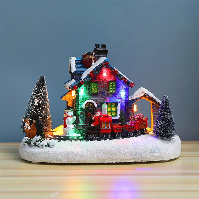 Small Train Christmas Village Figurines LED Lights Luminous Landscape Figurines