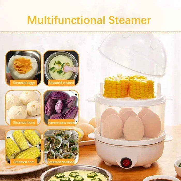 Multifunctional Electric Egg Cooker Steamer - Double Layer for Boil, Poach, Steam Eggs & Veggies, Compact Breakfast Appliance