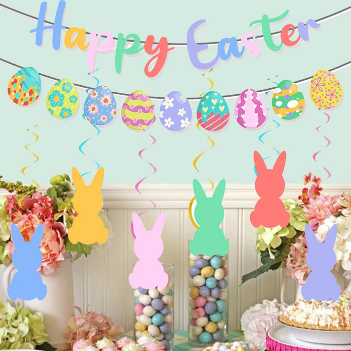 Happy Easter Banner Easter Wreath Easter Eggs Bunny Hanging Swirls Ornaments Indoor Outdoor Spring Easter Themed Party Supplies