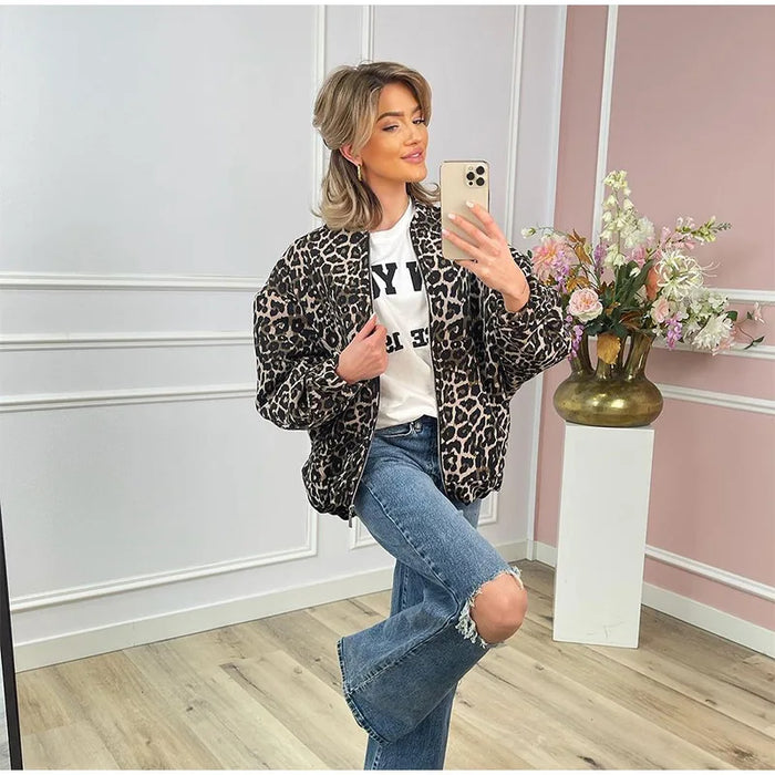 Fashion Leopard Zipper Long Sleeved Women's Jacket Retro Round Neck