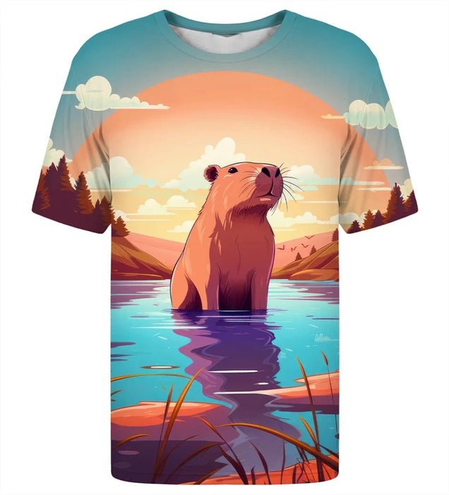 Fashion Fun Capybara Print T-shirt For Men's Clothing Soft Short Sleeve T Shirts Street Harajuku Trend Hip Hop Music Tee Top