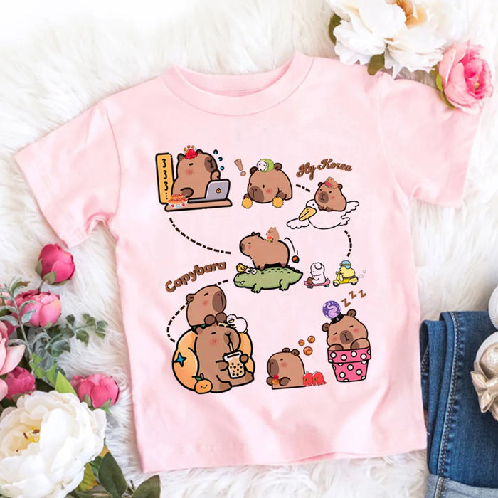 Kids Basic T-shirt Women Men Capybara Tees 3-10Years Children Short Sleeved Clothes Boys Girls Round Neck Tops Birthday Gifts