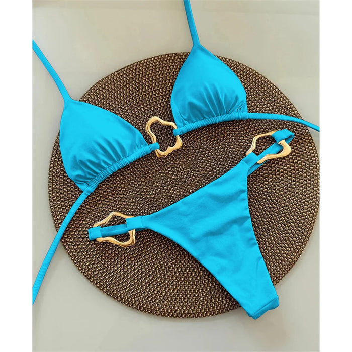 S - XL New 7 Colors Halter Metal Ring Bikini Female Swimsuit Women Swimwear Two-pieces Bikini set Bather Bathing Suit Swim V6406