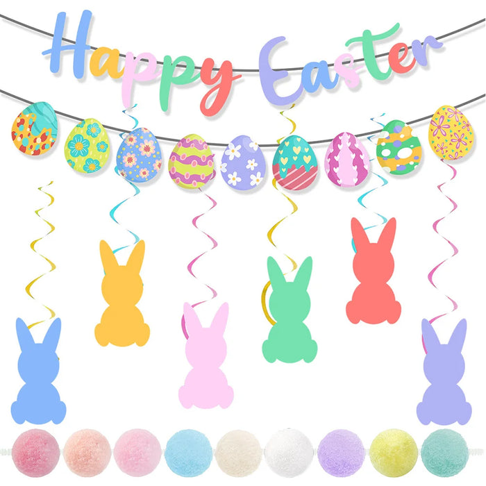 Happy Easter Banner Easter Wreath Easter Eggs Bunny Hanging Swirls Ornaments Indoor Outdoor Spring Easter Themed Party Supplies