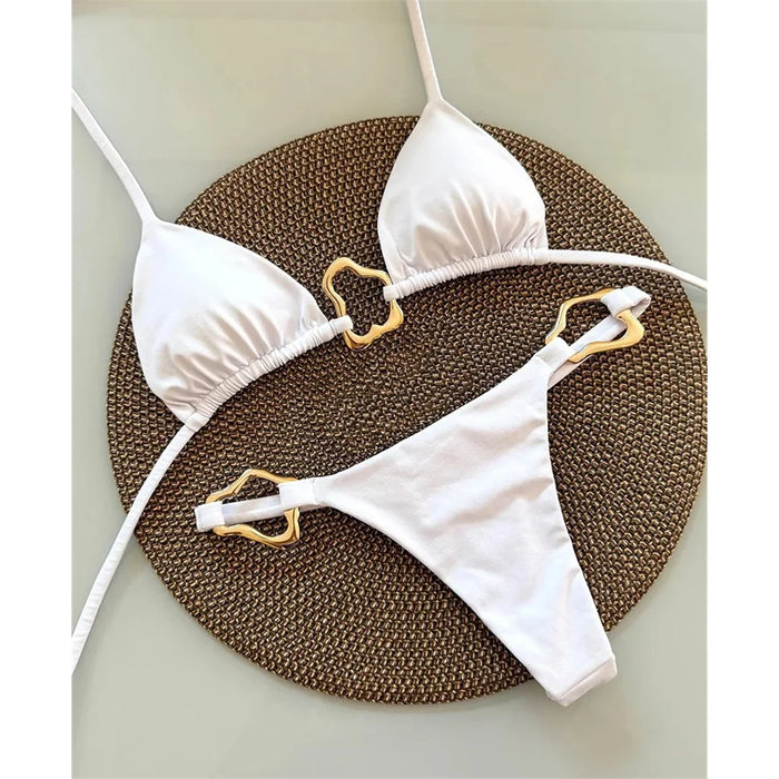 S - XL New 7 Colors Halter Metal Ring Bikini Female Swimsuit Women Swimwear Two-pieces Bikini set Bather Bathing Suit Swim V6406