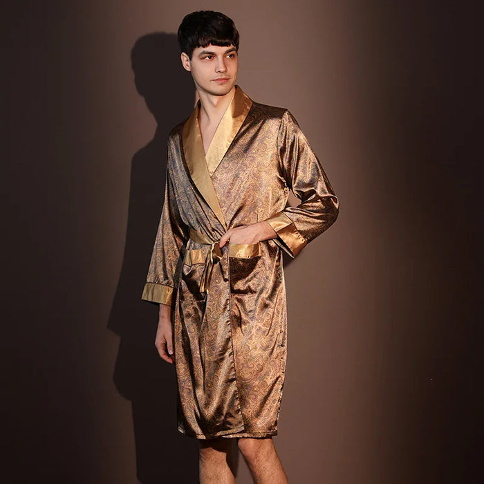 High Quality Nightrobes Men Summer Thin Bathrobe Large Size Ice Silk Printed Pajamas One-piece Robe Male Loungewear Gents Spring