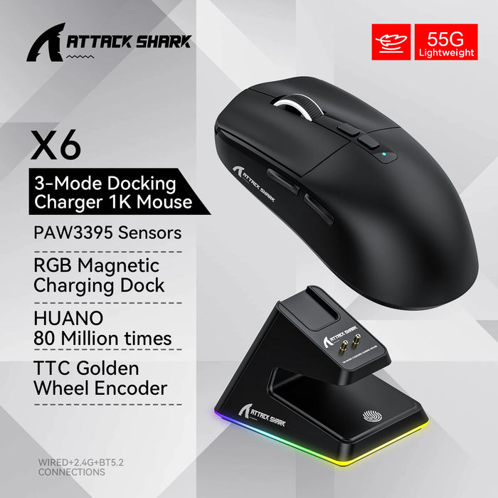 Attack Shark X6 PAW3395 Bluetooth Mouse,Tri-Mode Connection,RGB Touch Magnetic Charging Base