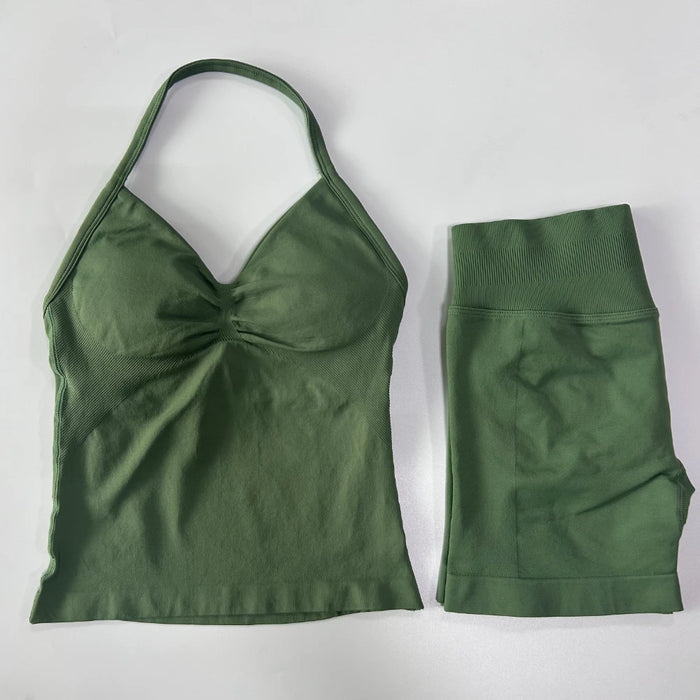 2Pcs Impact Gym Set Women Backless Tank Tops High Waist Scrunch Seamless Shorts Gym Suit Fitness Clothes Activewear Workout Sets