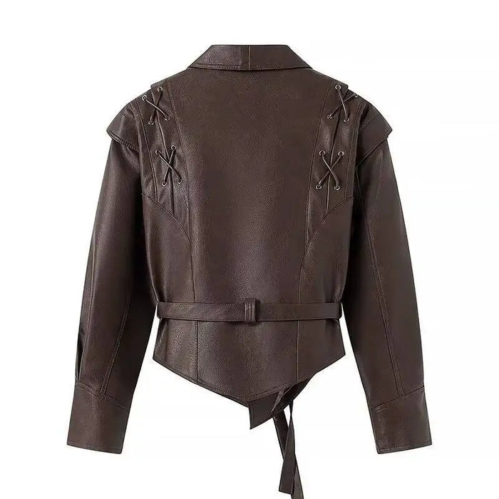 Fashion Lapel Lace Up Pu Leather Jacket Long Sleeve