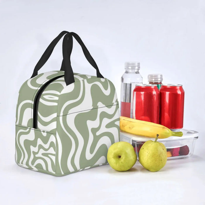 Geometric Liquid Swirl Abstract Pattern In Sage Green Insulated Lunch Bag