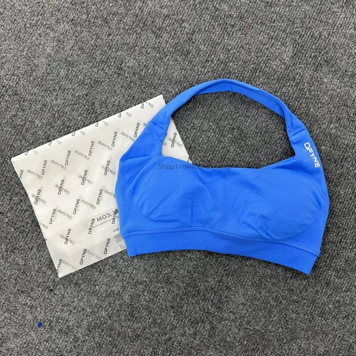 Impact Sports Bra Women Seamless Halter Neck Strap Bra with Logo Padded Open Back Yoga Top Bra Medium Support Gym Crop Top