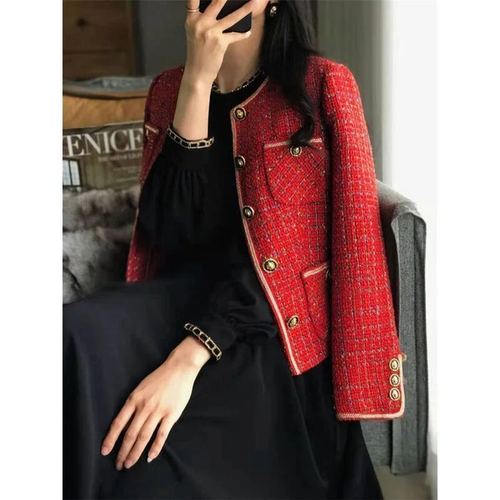 Vintage Red Tweed Coat French Vintage Loose and Versatile