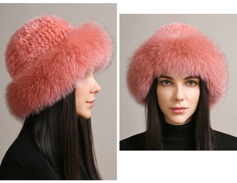 New Women Winter Luxury Knitted Real Mink Fur Bomber Hat Natural Warm Fox Fur Cap Girls Quality Soft 100% Genuine Mink Fur Hats