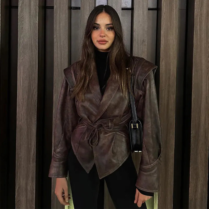 Fashion Lapel Lace Up Pu Leather Jacket Long Sleeve