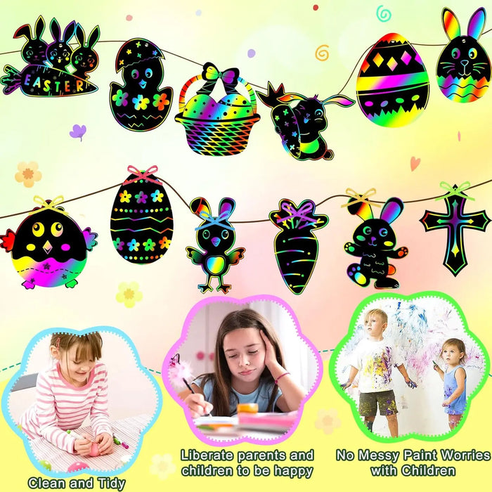 12pcs Easter Magic Scratch Paint Easter Eggs Crafts DIY for Making Holiday Gifts Egg Basket Fillers Party Decorations