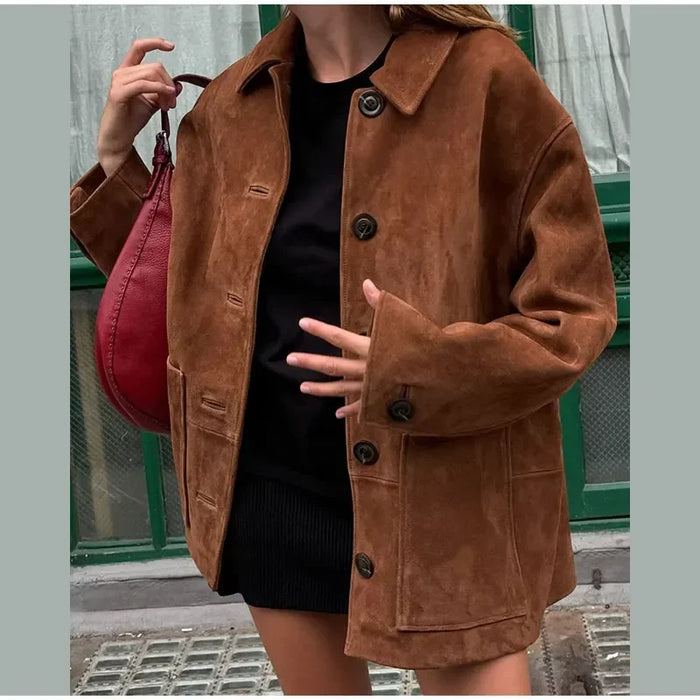 Retro Caramel Suede Leather Blazer Lapel Casual Single Breasted Loose Pocket