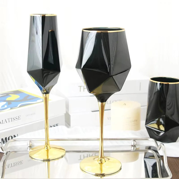 Pure Black Crystal Golden Edge Wine Glass Goblet Light Luxury Irregular Model Room Special Champagne Cup Whiskey Beer Glasses