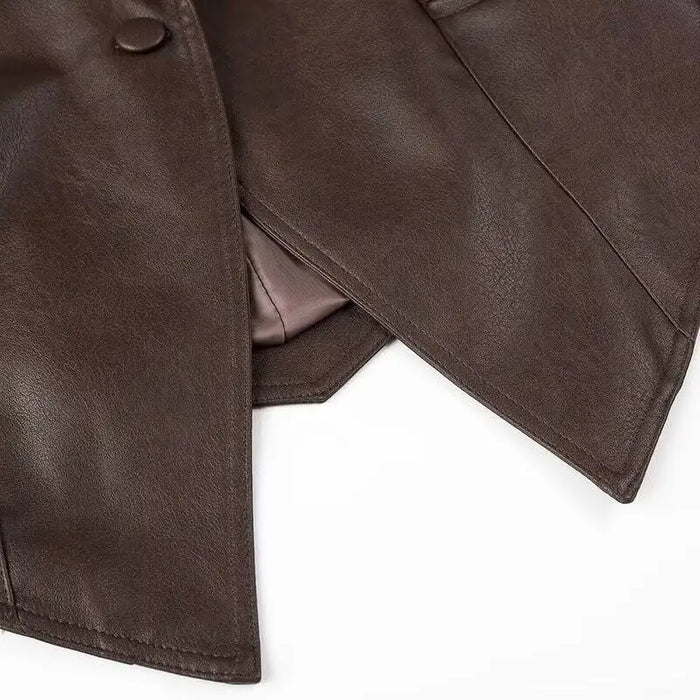 Fashion Lapel Lace Up Pu Leather Jacket Long Sleeve
