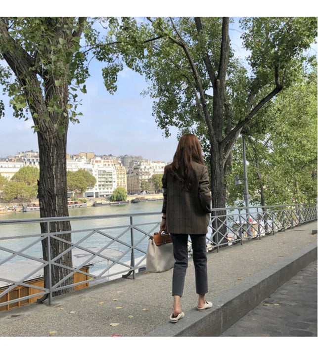 Plaid Blazer Women Jacket Korean Style Slim Long Sleeve