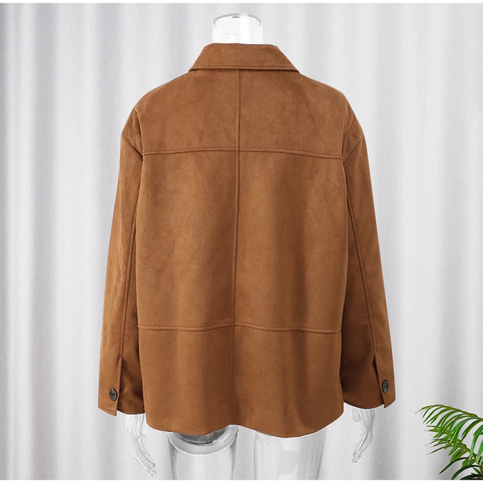 Retro Caramel Suede Leather Blazer Lapel Casual Single Breasted Loose Pocket