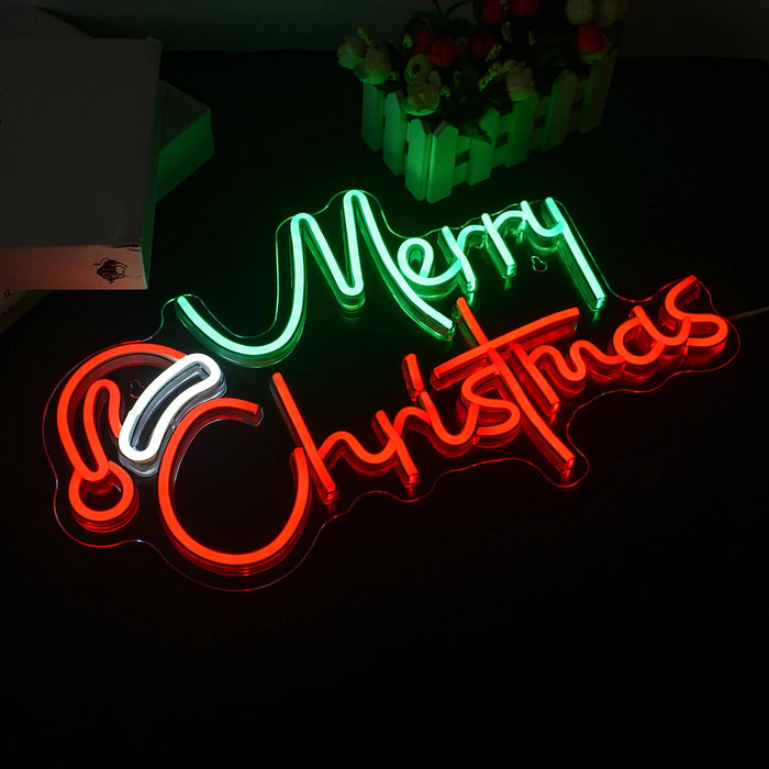 Merry Christmas Neon Sign Christmas Hat Dimmable LED Sign
