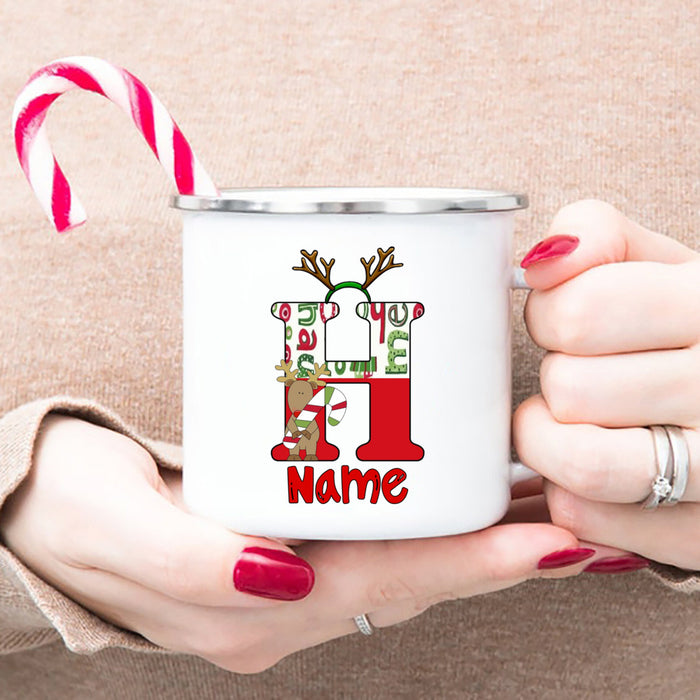 Personlized Reindeer Initial with Name Enamel Cups Christmas Hot Chocolate Mug