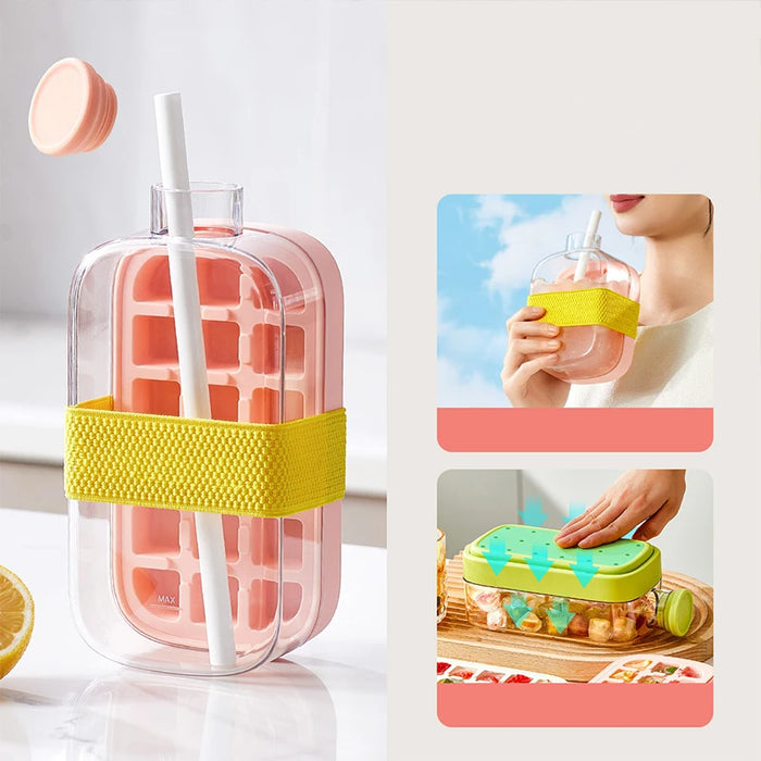 Summer Ice Cube Tray With Straw 2 in1 Ice Tray And Water Bottle For Ice Maker Silicone Ice Cube Portable Kettle Reusable Icecup