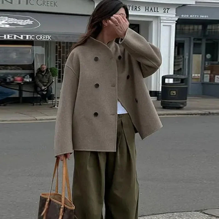 Retro Loose Casual Woolen Coats Double Breasted Stand Collar Short Jacket