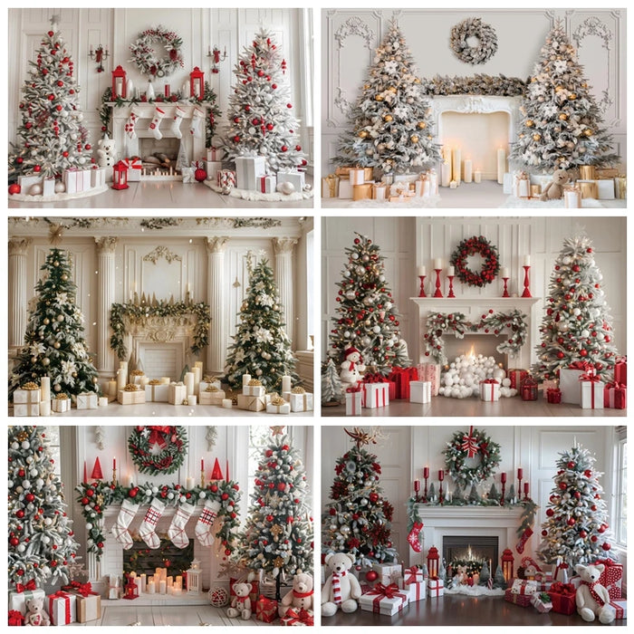 Christmas Fireplace Backdrop White Wall Xmas Tree Gift