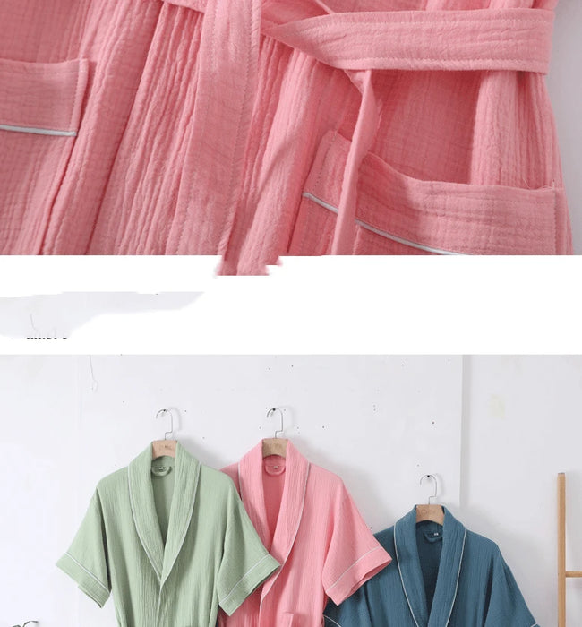 100% Cotton Double Layer Gauze Robes Women&Men Summer Thin Short Sleeves Bathrobe Nightgown Home Service Solid Hotel Bathrobe