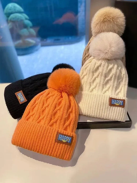 Autumn and Winter Women's Pompom Knitted Hat Women Solid Color Thicken Plush Beanie Cap Female Autumn Warm Crochet Hats