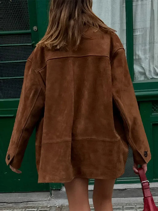 Retro Caramel Suede Leather Blazer Lapel Casual Single Breasted Loose Pocket