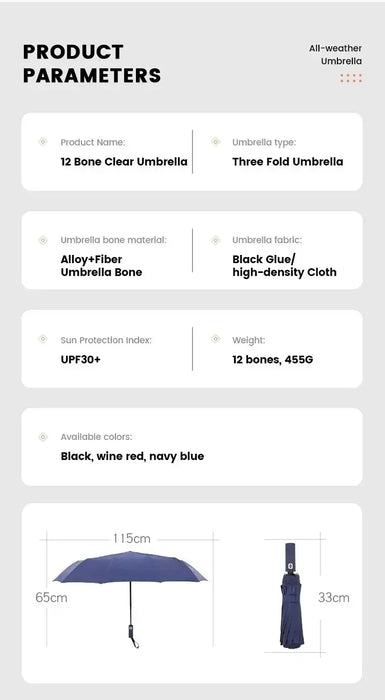 12 Bone Black Glue Fully Automatic Folding Umbrella