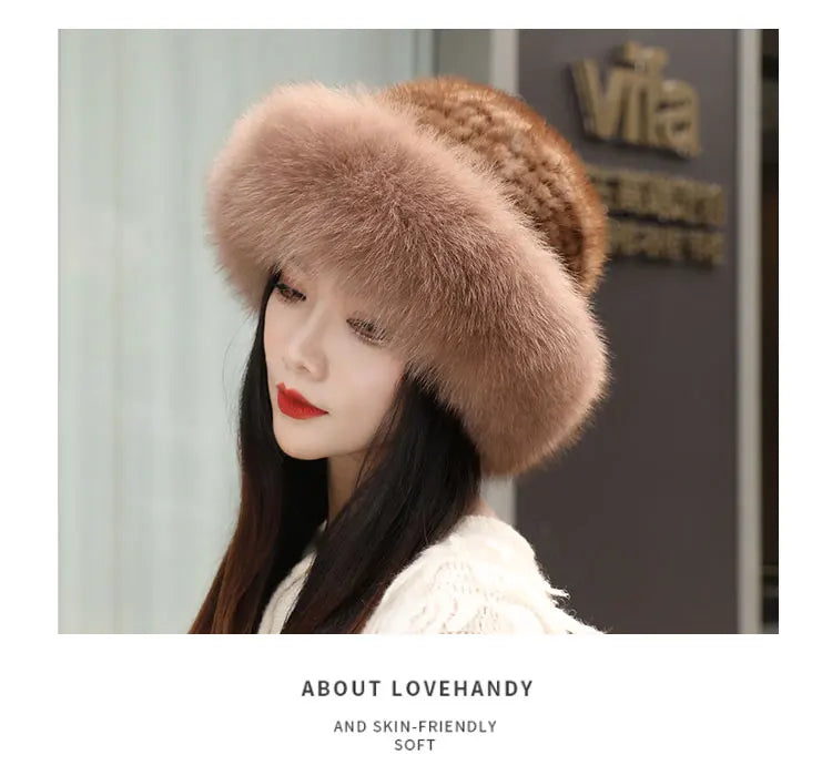 New Women Winter Luxury Knitted Real Mink Fur Bomber Hat Natural Warm Fox Fur Cap Girls Quality Soft 100% Genuine Mink Fur Hats