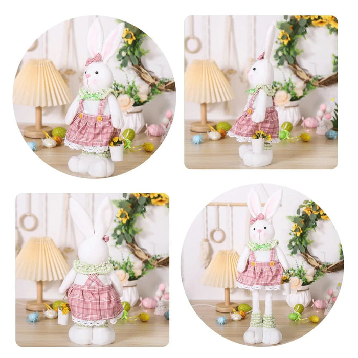 Easter Decorative Rabbit Cartoon Retractable Leg Couple Rabbit Doll Home Ornament Overalls Skirt Bunny Doll Easter Party Gifts