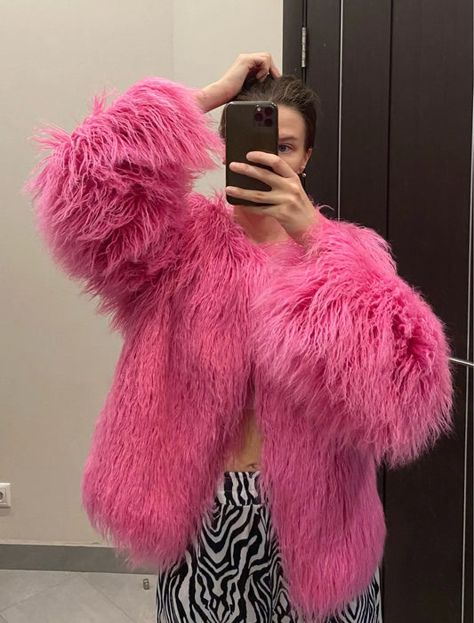 Fur Coats Women Fashion Pink Faux Fur Coat Elegant Thick Warm
