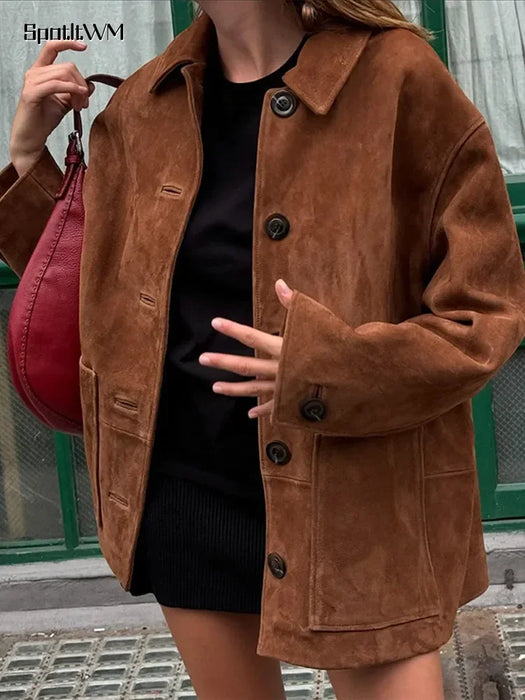 Retro Caramel Suede Leather Blazer Lapel Casual Single Breasted Loose Pocket