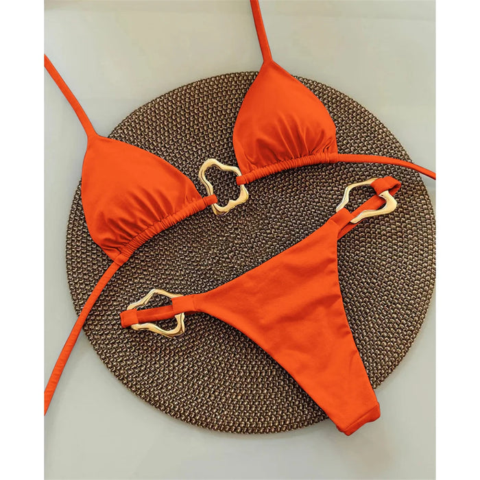 S - XL New 7 Colors Halter Metal Ring Bikini Female Swimsuit Women Swimwear Two-pieces Bikini set Bather Bathing Suit Swim V6406