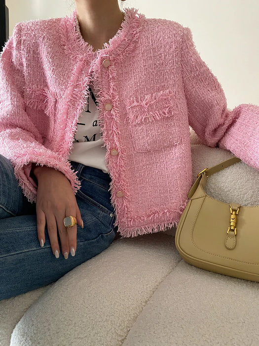 Pink Fringe Fur Shoulder Pad Tweed Jacket Blazer Boucle Crop Coat