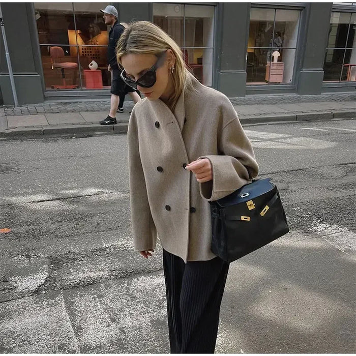 Retro Loose Casual Woolen Coats Double Breasted Stand Collar Short Jacket