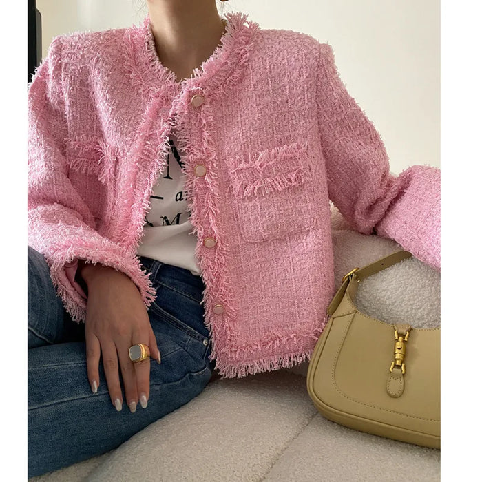 Pink Fringe Fur Shoulder Pad Tweed Jacket Blazer Boucle Crop Coat