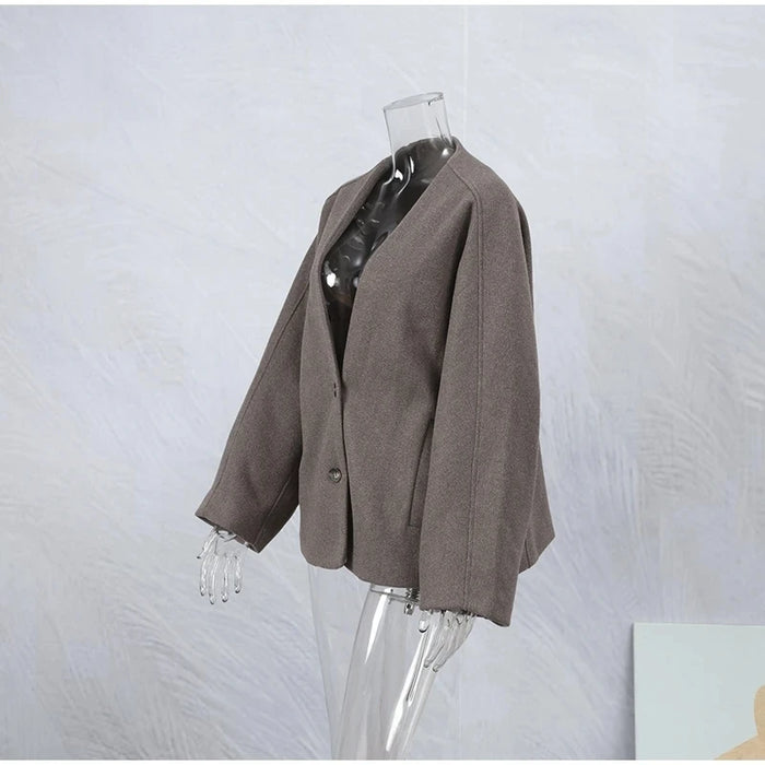 Women's Fashion V Neck Warm Coat Elegant Button Long Sleeve